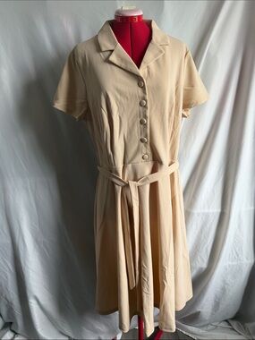 Cream Short-Sleeve Tie-Waist Midi Dress XL19